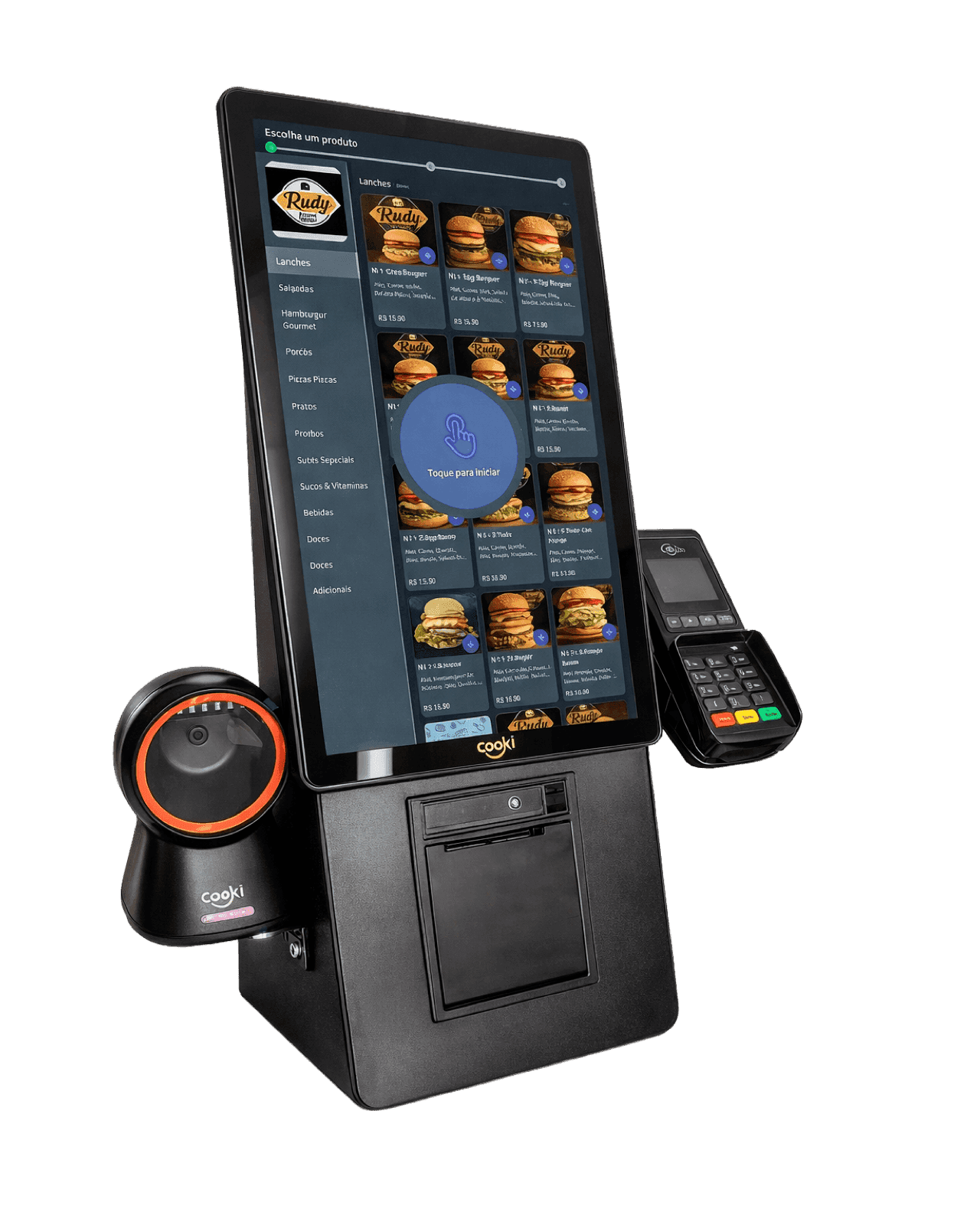 Totem de autoatendimento Cooki Pro com leitor de código de barras e pinpad