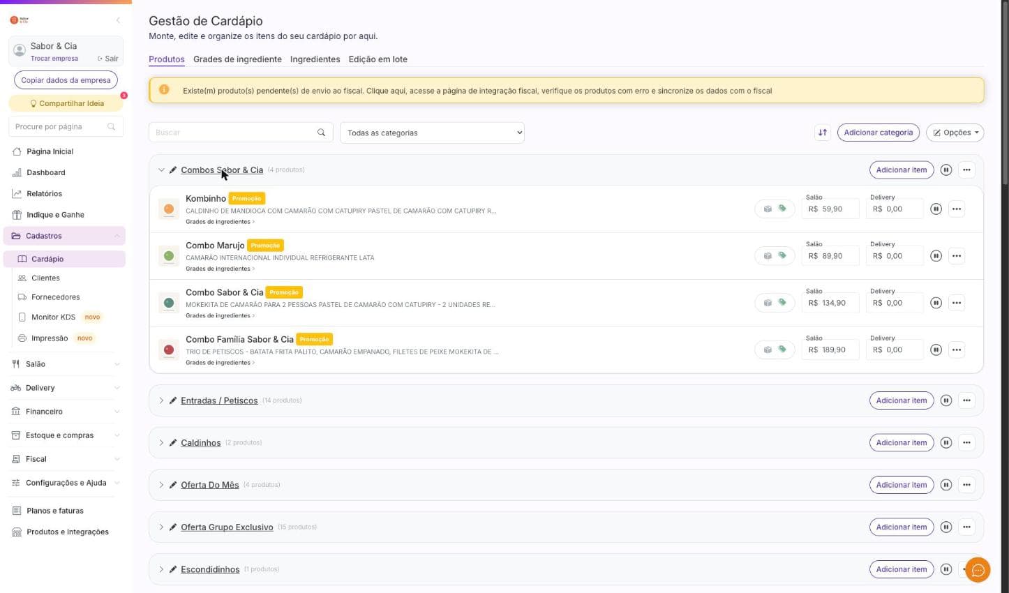 Painel de gestão de cardápio da Cooki com categorias, itens e preços